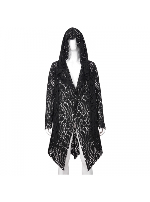 Black V-Neck Long Sleeve Sharp Corner Hem Punk Broken Holes Coat