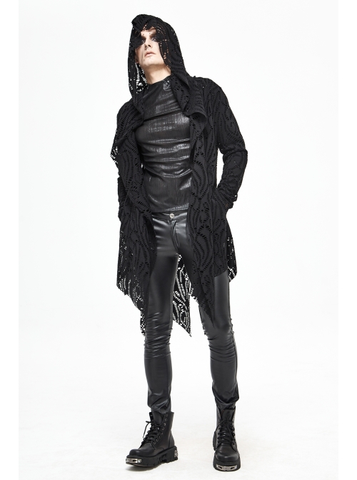 Black V-Neck Long Sleeve Sharp Corner Hem Punk Broken Holes Coat