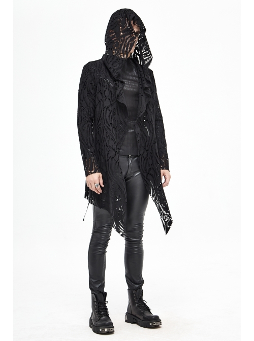 Black V-Neck Long Sleeve Sharp Corner Hem Punk Broken Holes Coat
