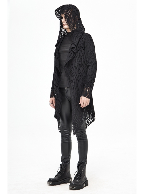 Black V-Neck Long Sleeve Sharp Corner Hem Punk Broken Holes Coat