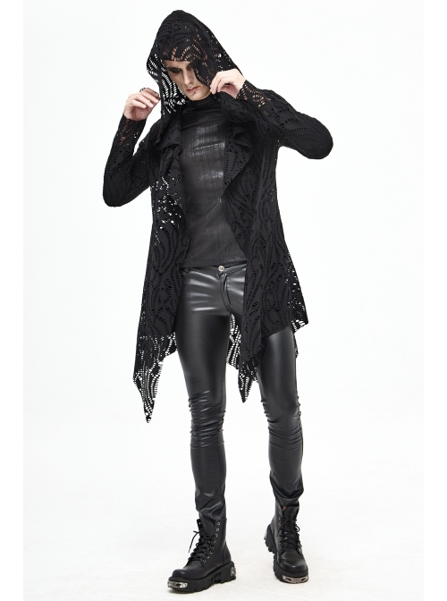 Black V-Neck Long Sleeve Sharp Corner Hem Punk Broken Holes Coat