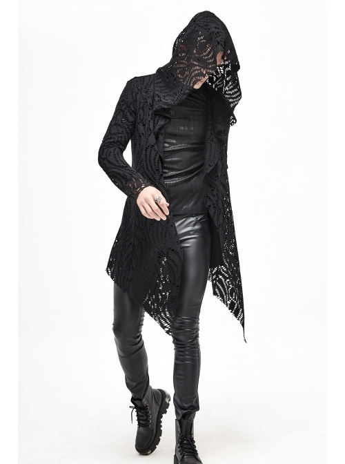 Black V-Neck Long Sleeve Sharp Corner Hem Punk Broken Holes Coat