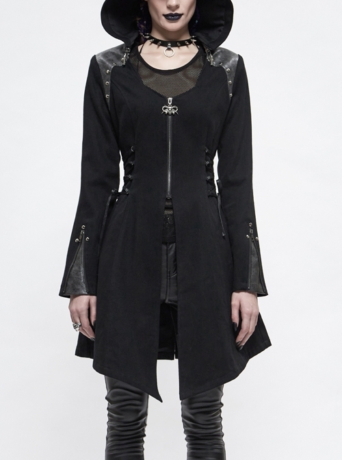 Metal Rivet Decoration Side Lace-Up Sharp Corner Hem Black Punk Twill Coat