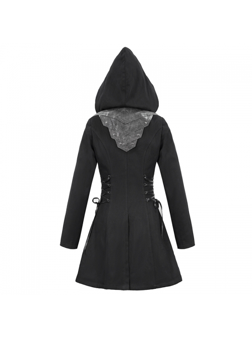 Metal Rivet Decoration Side Lace-Up Sharp Corner Hem Black Punk Twill Coat