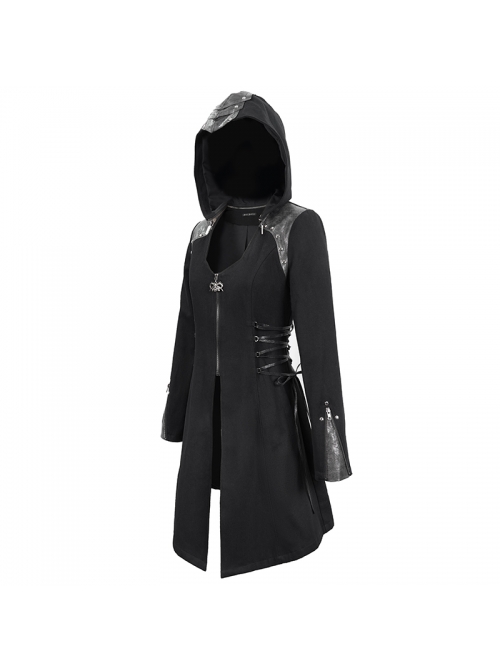 Metal Rivet Decoration Side Lace-Up Sharp Corner Hem Black Punk Twill Coat