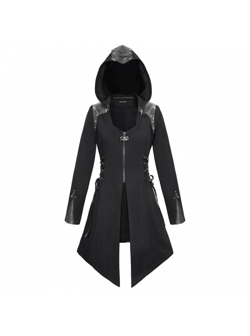 Metal Rivet Decoration Side Lace-Up Sharp Corner Hem Black Punk Twill Coat