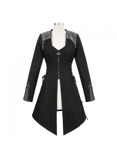 Metal Rivet Decoration Side Lace-Up Sharp Corner Hem Black Punk Twill Coat