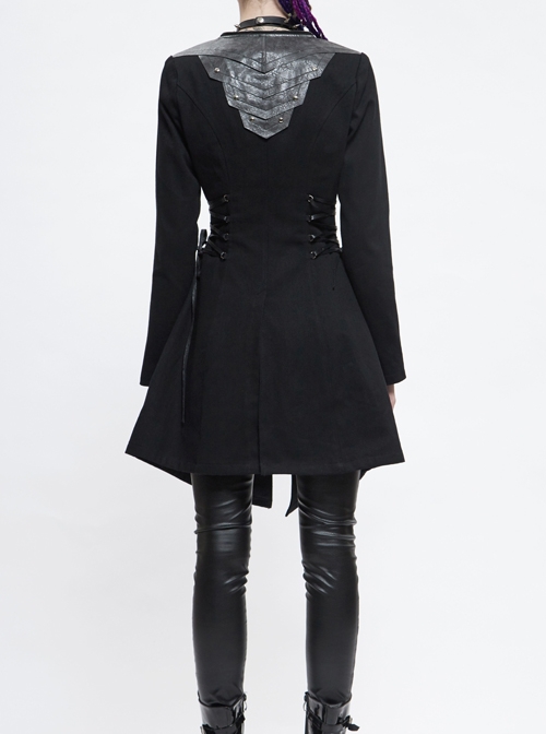 Metal Rivet Decoration Side Lace-Up Sharp Corner Hem Black Punk Twill Coat