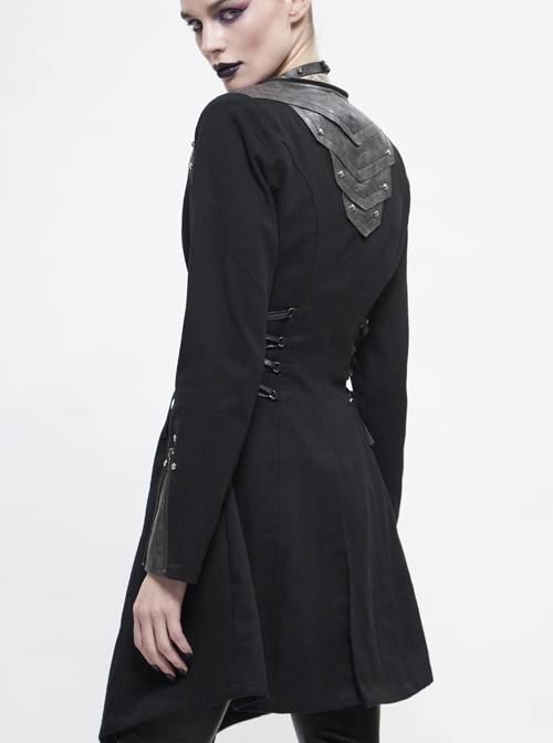 Metal Rivet Decoration Side Lace-Up Sharp Corner Hem Black Punk Twill Coat