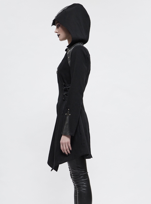 Metal Rivet Decoration Side Lace-Up Sharp Corner Hem Black Punk Twill Coat
