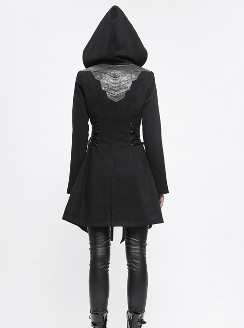 Metal Rivet Decoration Side Lace-Up Sharp Corner Hem Black Punk Twill Coat