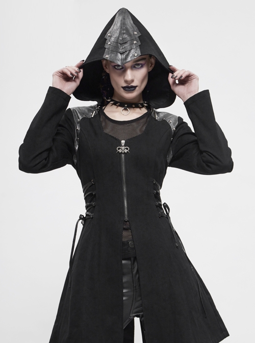 Metal Rivet Decoration Side Lace-Up Sharp Corner Hem Black Punk Twill Coat