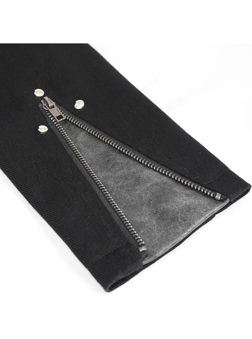Metal Rivet Decoration Side Lace-Up Sharp Corner Hem Black Punk Twill Coat