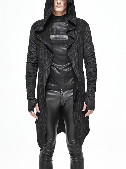 Black Tuck Long Sleeve Punk Line Map Printing Knit Hooded Coat