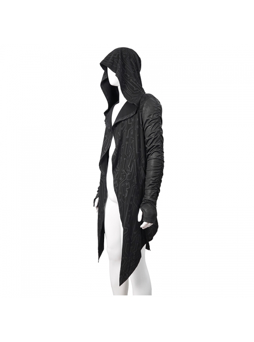 Black Tuck Long Sleeve Punk Line Map Printing Knit Hooded Coat