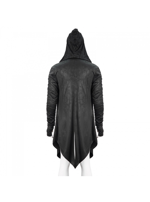 Black Tuck Long Sleeve Punk Line Map Printing Knit Hooded Coat