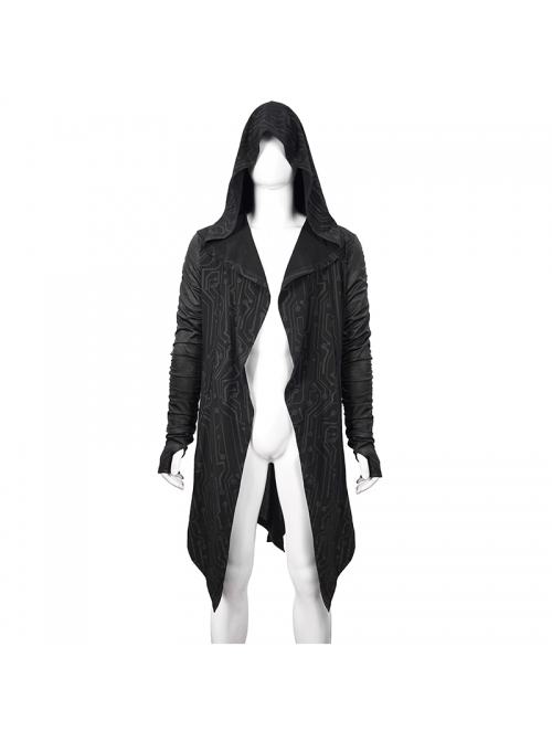 Black Tuck Long Sleeve Punk Line Map Printing Knit Hooded Coat
