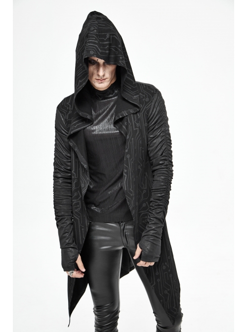 Black Tuck Long Sleeve Punk Line Map Printing Knit Hooded Coat