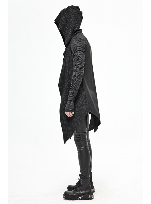Black Tuck Long Sleeve Punk Line Map Printing Knit Hooded Coat