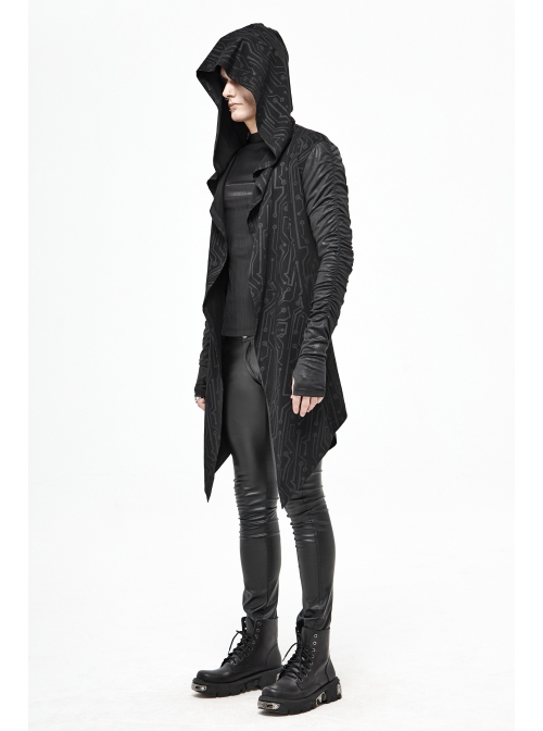 Black Tuck Long Sleeve Punk Line Map Printing Knit Hooded Coat