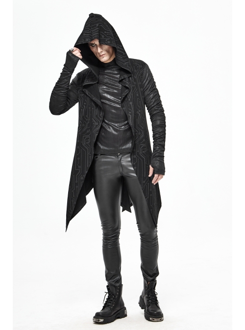 Black Tuck Long Sleeve Punk Line Map Printing Knit Hooded Coat
