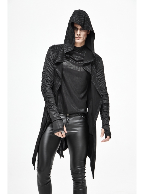Black Tuck Long Sleeve Punk Line Map Printing Knit Hooded Coat