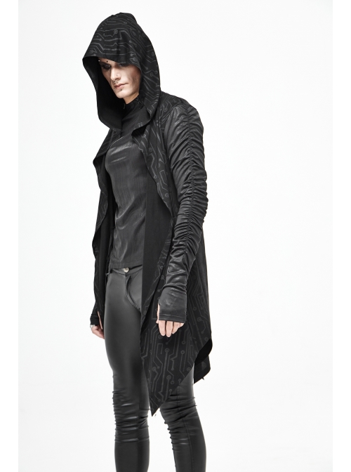 Black Tuck Long Sleeve Punk Line Map Printing Knit Hooded Coat