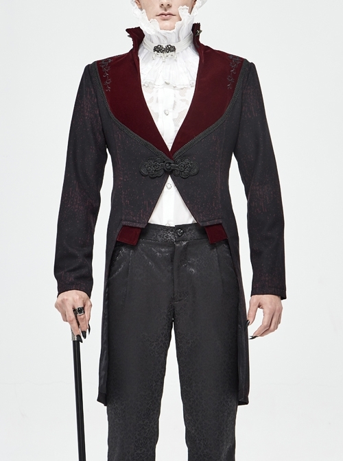 Stand-Up Collar Splice Burgundy Weft Velvet Embroidery Front Buckle Black Gothic Jacquard Coat