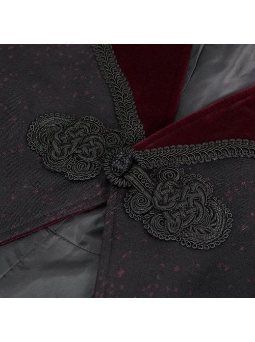 Stand-Up Collar Splice Burgundy Weft Velvet Embroidery Front Buckle Black Gothic Jacquard Coat