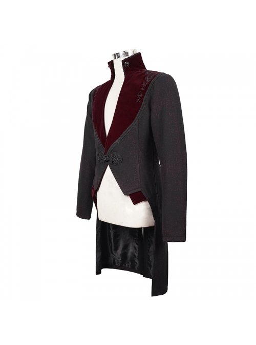 Stand-Up Collar Splice Burgundy Weft Velvet Embroidery Front Buckle Black Gothic Jacquard Coat