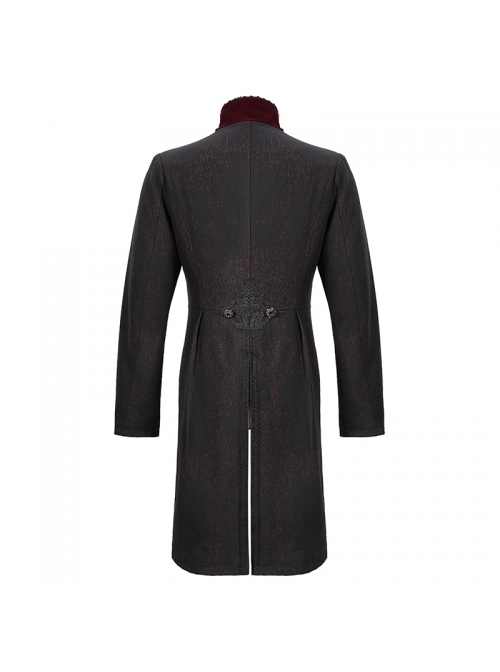 Stand-Up Collar Splice Burgundy Weft Velvet Embroidery Front Buckle Black Gothic Jacquard Coat