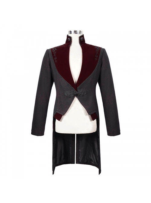 Stand-Up Collar Splice Burgundy Weft Velvet Embroidery Front Buckle Black Gothic Jacquard Coat