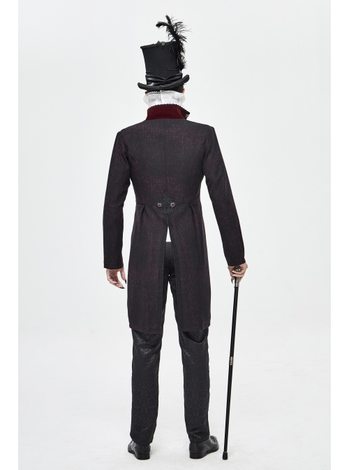 Stand-Up Collar Splice Burgundy Weft Velvet Embroidery Front Buckle Black Gothic Jacquard Coat