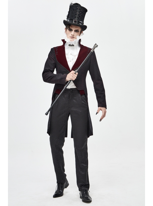 Stand-Up Collar Splice Burgundy Weft Velvet Embroidery Front Buckle Black Gothic Jacquard Coat