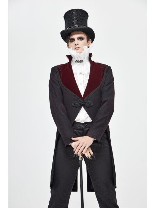 Stand-Up Collar Splice Burgundy Weft Velvet Embroidery Front Buckle Black Gothic Jacquard Coat