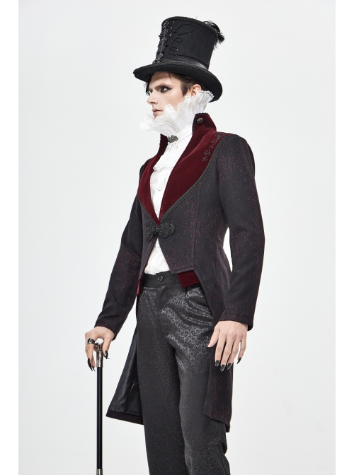 Stand-Up Collar Splice Burgundy Weft Velvet Embroidery Front Buckle Black Gothic Jacquard Coat