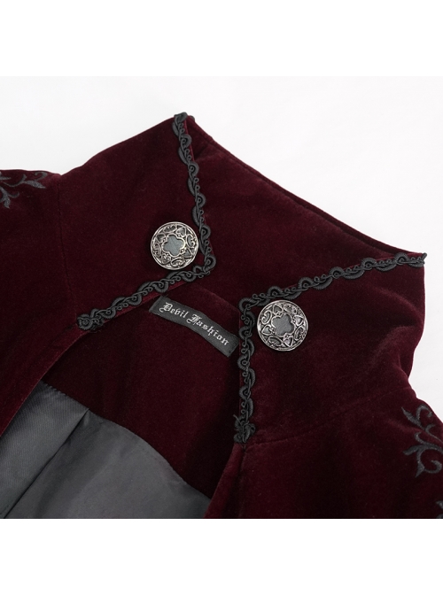 Stand-Up Collar Splice Burgundy Weft Velvet Embroidery Front Buckle Black Gothic Jacquard Coat