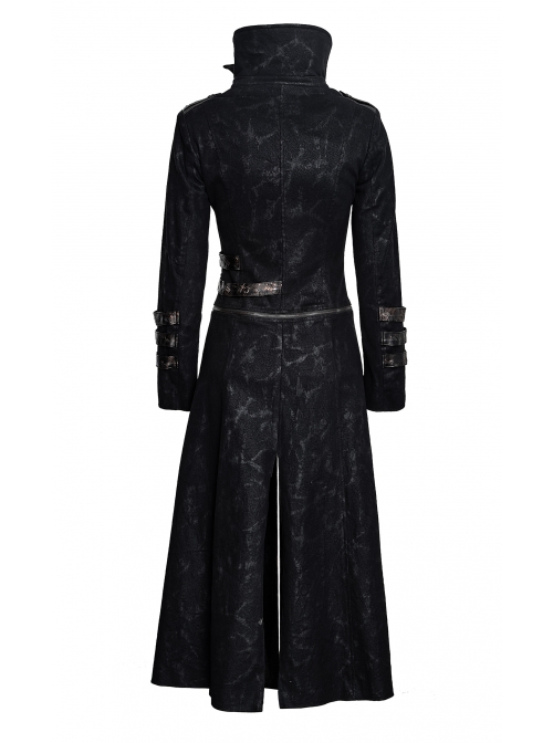Women Stand-Up Collar Front Chest Metal Buckle Leather Strap Long Sleeve Black Punk Twill Coat