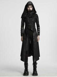 Women Stand-Up Collar Front Chest Metal Buckle Leather Strap Long Sleeve Black Punk Twill Coat