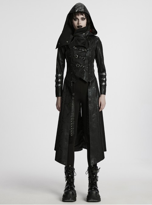 Women Stand-Up Collar Front Chest Metal Buckle Leather Strap Long Sleeve Black Punk Twill Coat