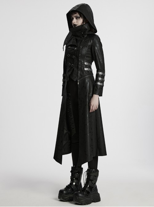 Women Stand-Up Collar Front Chest Metal Buckle Leather Strap Long Sleeve Black Punk Twill Coat