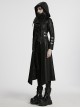 Women Stand-Up Collar Front Chest Metal Buckle Leather Strap Long Sleeve Black Punk Twill Coat