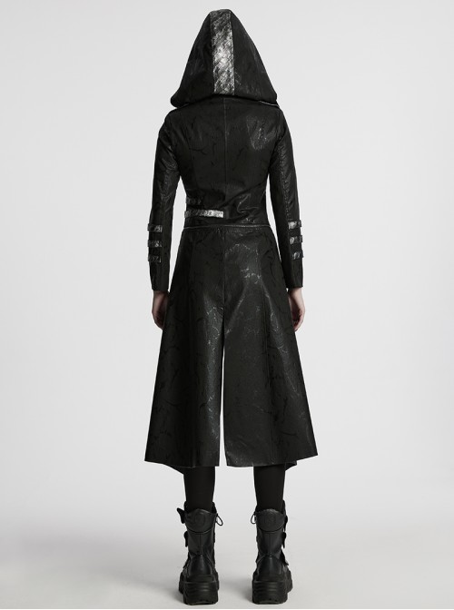 Women Stand-Up Collar Front Chest Metal Buckle Leather Strap Long Sleeve Black Punk Twill Coat