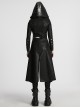 Women Stand-Up Collar Front Chest Metal Buckle Leather Strap Long Sleeve Black Punk Twill Coat