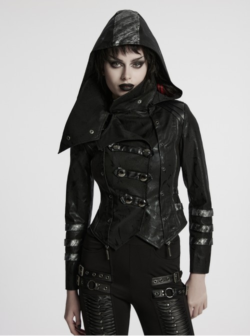 Women Stand-Up Collar Front Chest Metal Buckle Leather Strap Long Sleeve Black Punk Twill Coat
