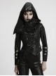 Women Stand-Up Collar Front Chest Metal Buckle Leather Strap Long Sleeve Black Punk Twill Coat