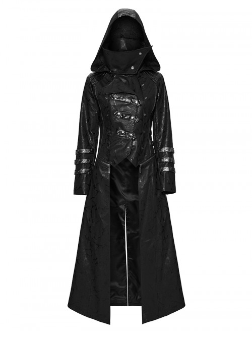 Women Stand-Up Collar Front Chest Metal Buckle Leather Strap Long Sleeve Black Punk Twill Coat