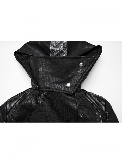 Women Stand-Up Collar Front Chest Metal Buckle Leather Strap Long Sleeve Black Punk Twill Coat