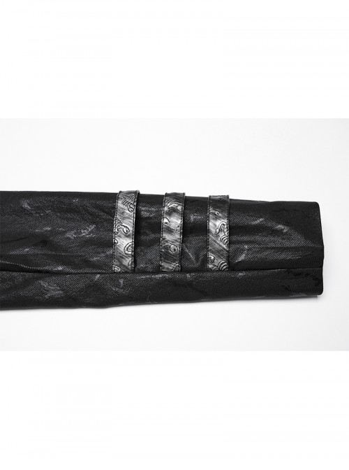 Women Stand-Up Collar Front Chest Metal Buckle Leather Strap Long Sleeve Black Punk Twill Coat