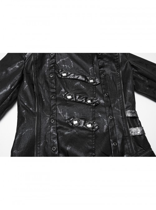 Women Stand-Up Collar Front Chest Metal Buckle Leather Strap Long Sleeve Black Punk Twill Coat